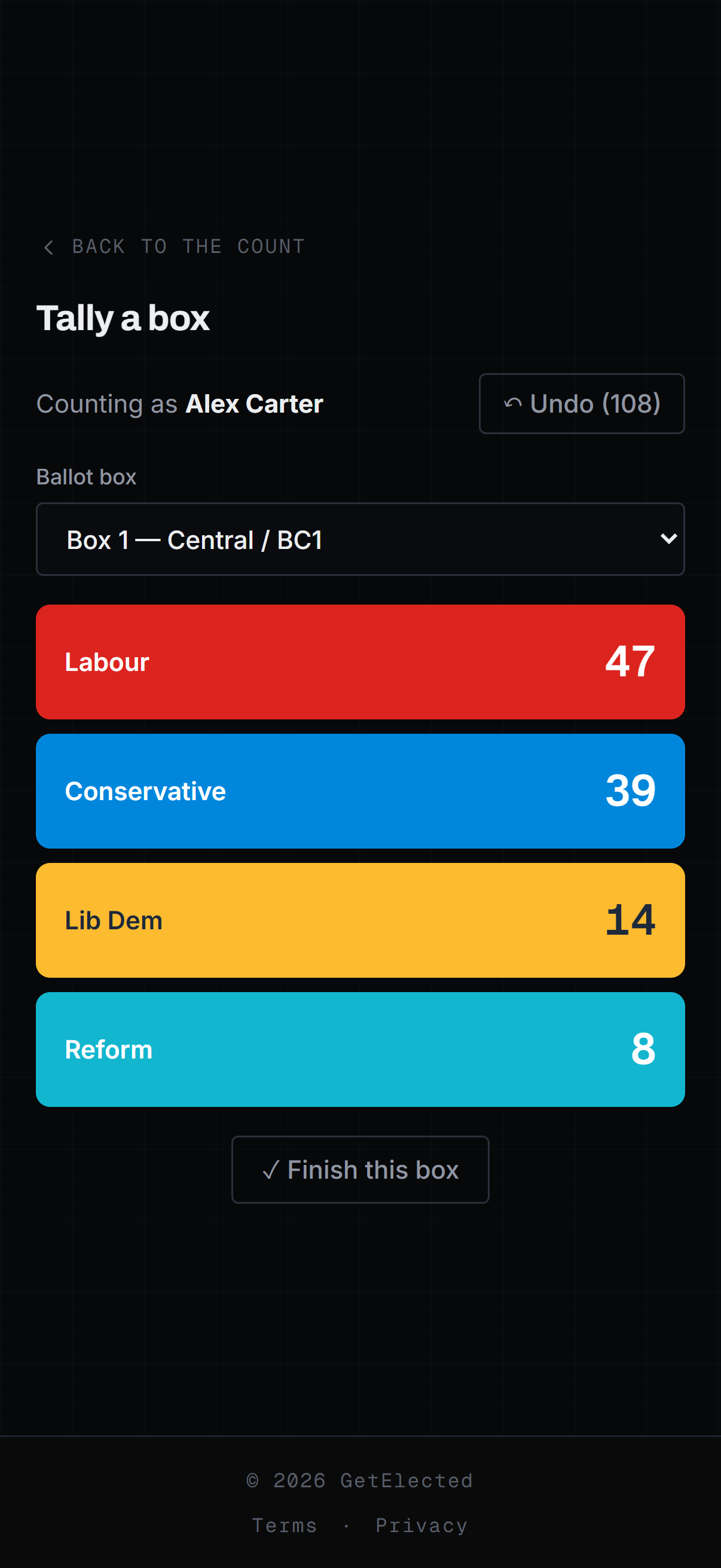 VoteCount tally screen on a phone — a volunteer tapping in votes for each party, box by box